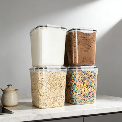 Airtight Food Storage Containers With Lids, 4-Piece Large Square Pantry Canisters Set For Flour, Sugar, Rice, And Dry Goods, Includes Scoops And Labels For Kitchen Organization