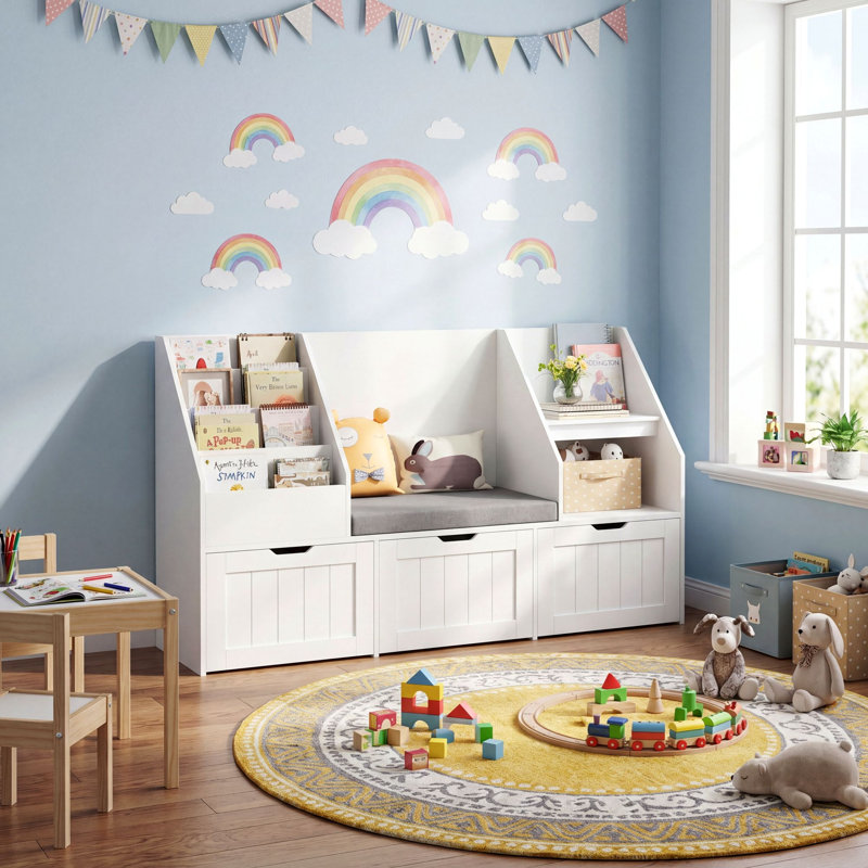 55.1" W x 31.5"H 3-IN-ONE Kids Bookcase with 3 Drawers, Soft Cushion, 4-Layer Bookshelf, Reading Nook, White