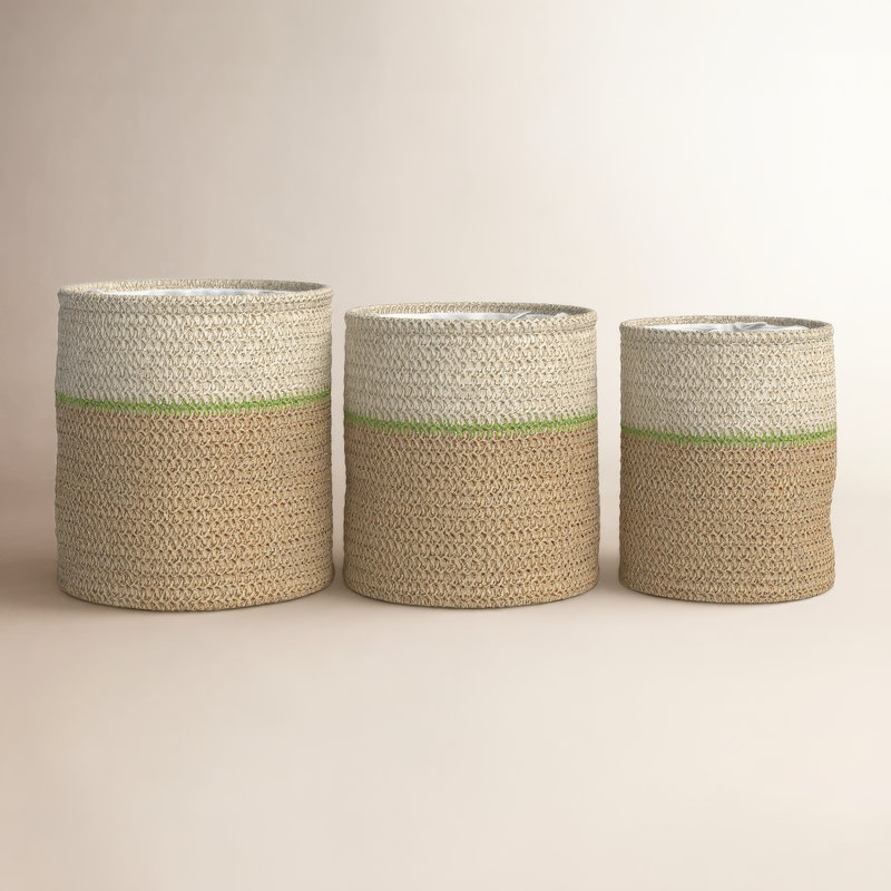 Ensemble de paniers en tissu 3 pièces, Blanc / brun