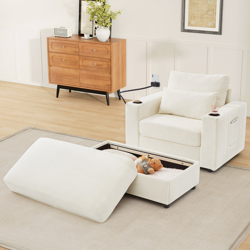 Beige avec rangement mobile, ports, porte-téléphone et poches latérales, fauteuil multifonctionnel polyvalent pour le salon, rangement caché, deux poches