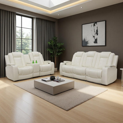 2-Piece Breathing Leather Power Recliner Sofa Set With LED Light,Wireless Charging Station,Reading Light,And Storage Armrest