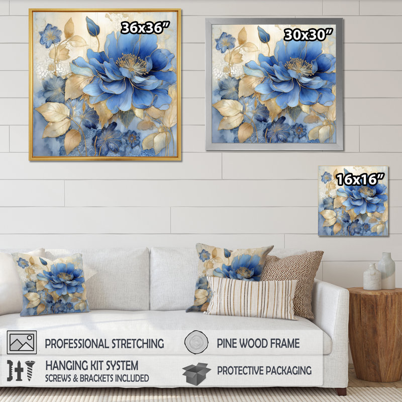 «Blooming Blue & White Chrysanthemum Flower I», reproduction sur toile, H 36 po x l 36 po x P 1,5 po, Cadre photo doré simple