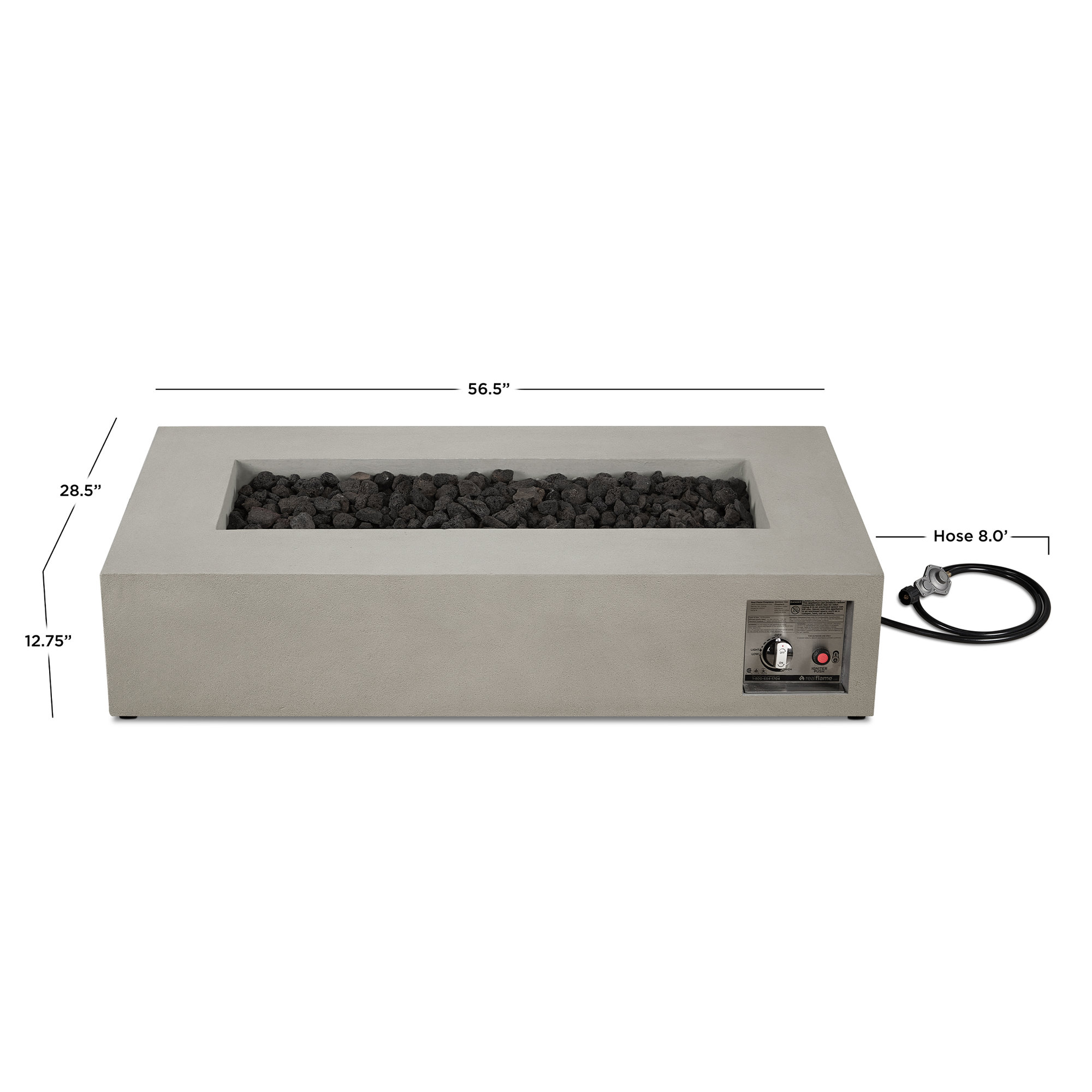 Geneva Outdoor Rectangle Fire Pit Table, 12.75" H x 56.5" W x 28.5" D, Flint