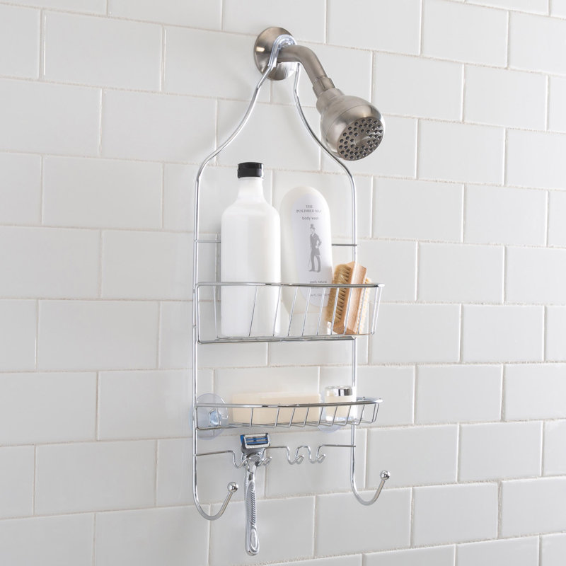 Chrome Metal 2-Shelf Hanging Shower Caddy with Hooks
