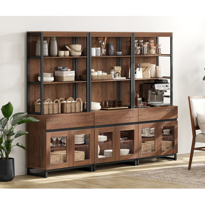 3 PCS Modern 72" Tall Buffet Cabinet With 3 Drawers And Open Shelves, Storage Cabinet And Display Shelves, Wooden Sideboard For Dining Room Or Kitchen