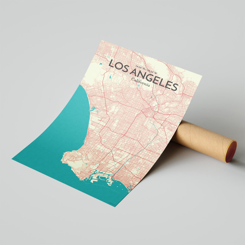 « los angeles city map », reproduction d’impression sur affiche en tricolore, H 17 po x l 11 po