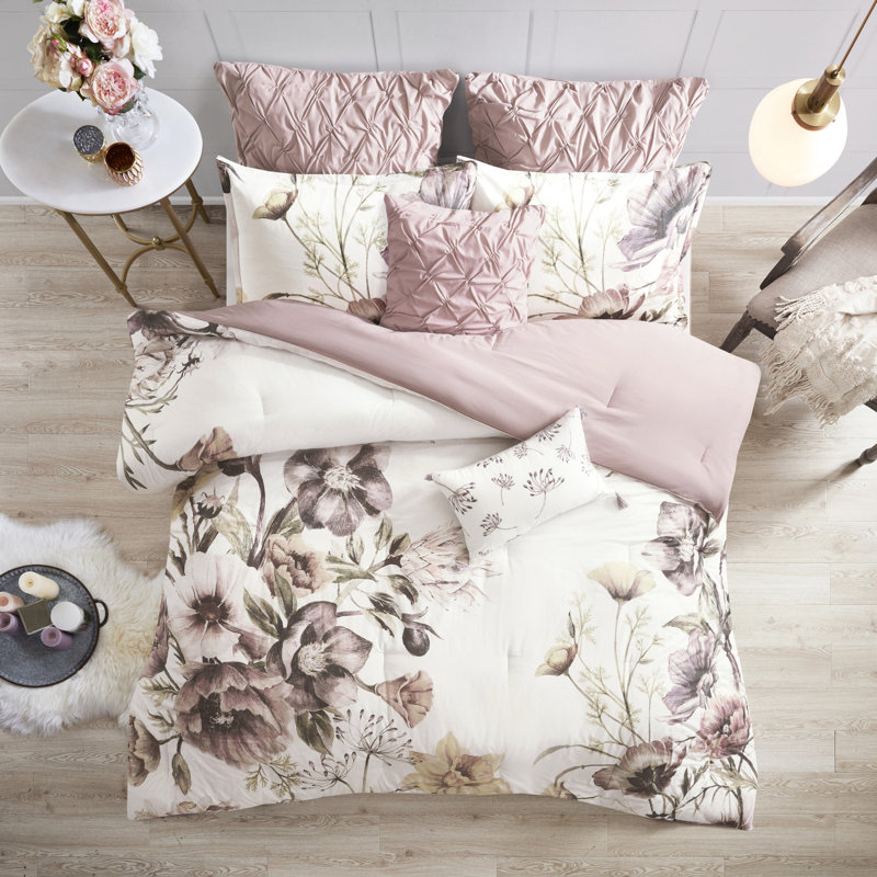 Édredon très grand Blush - coton 8 pièces avec imprimé floral à grande échelle et coussins décoratifs avec bourre de couleur romantique