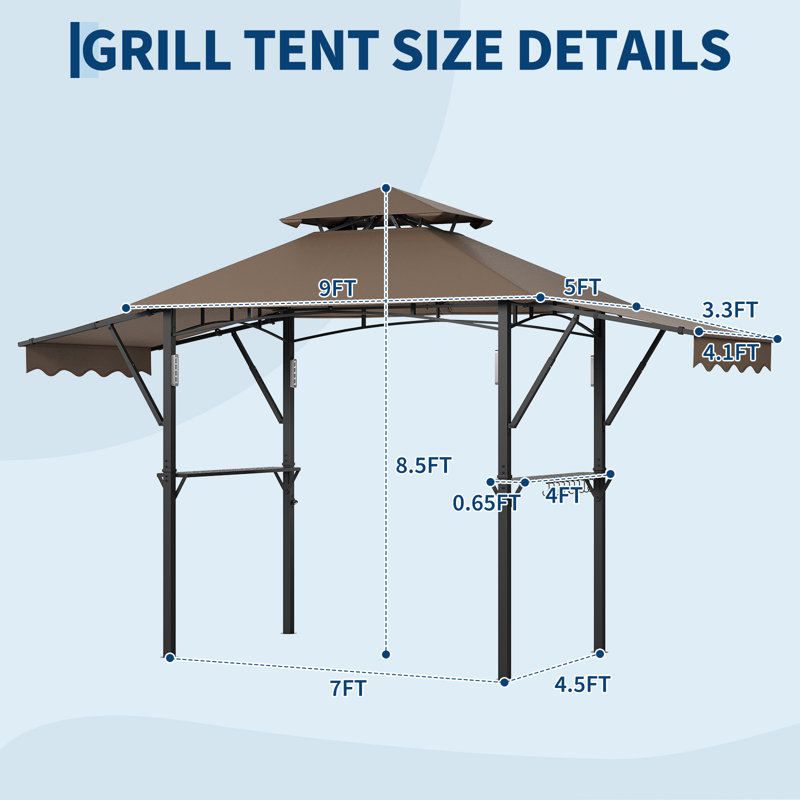 Pavillon de jardin robuste de 8 pi x 5 pi, auvent ventilé à deux niveaux avec deux auvents latéraux réglables, structure en acier, tablettes et crochets pour la cour, le jardin et le café