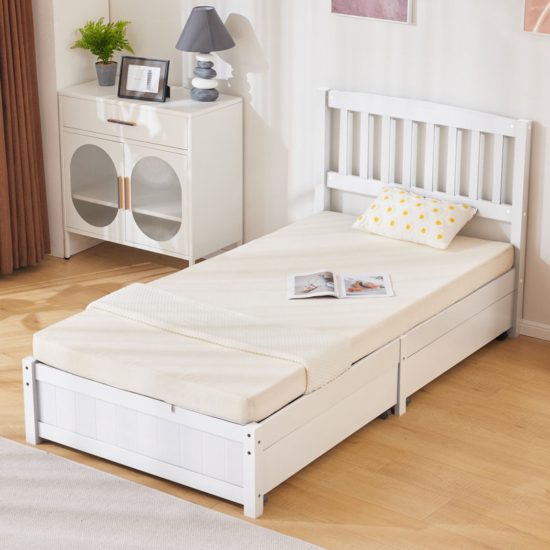 Lit simple gris avec rangement, Blanc