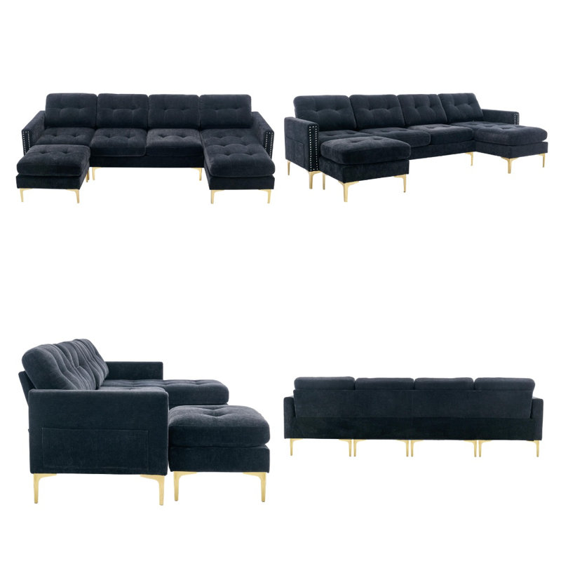 Canapé modulaire en velours de 110 po en L avec repose-pieds, Velours noir