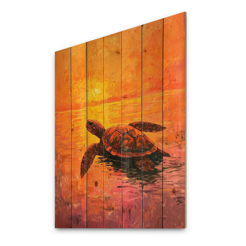 Tortue au coucher du soleil - Art mural moderne en bois sur bois de pin naturel, H 20 po x l 10 po
