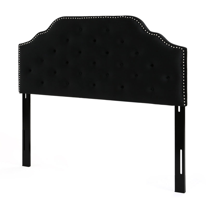 Modern Queen Sized Headboard - Button Diamond Stitch Velvet With Classy Nailhead Accents, Black, Assembly Required And Elegant Trim, Needed