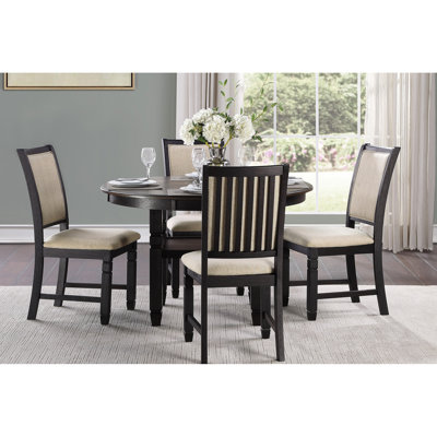 De 2 chaises de salle à manger, bois noir, revêtement en tissu texturé beige, chaises transitionnelles en bois 2 pièces, siège, décor de style