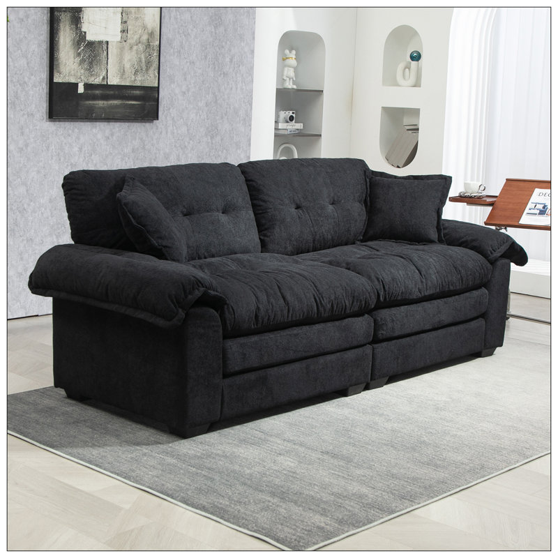 Canapé 84 po en chenille 84 po avec 2 coussins décoratifs et mousse à mémoire de forme pour salon, Noir