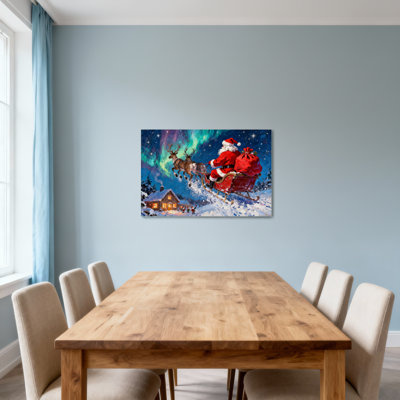 Noël, père Noël, traîneau, renne, aurore, maison