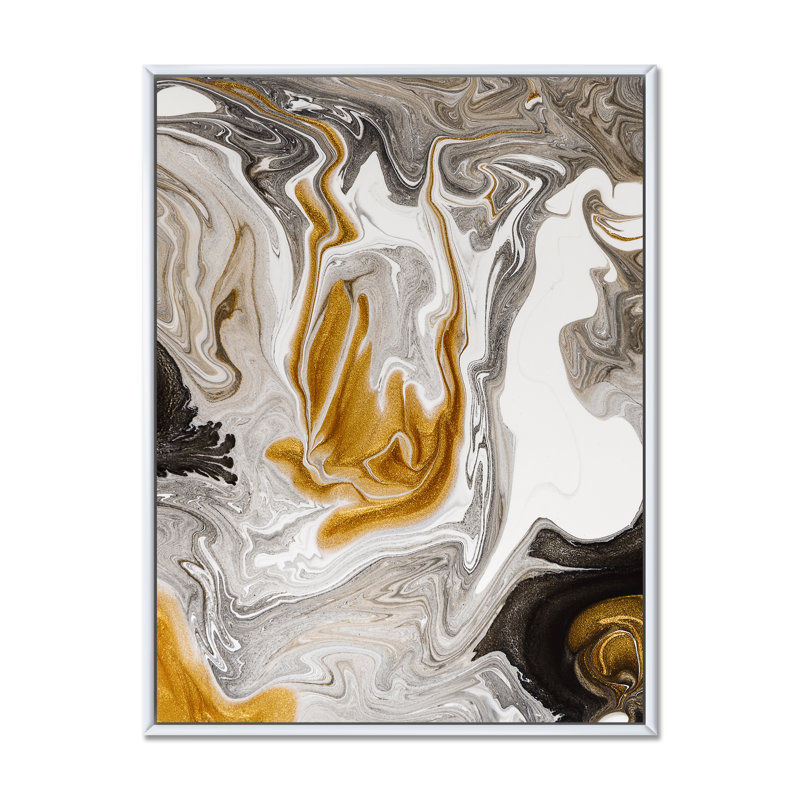 Vague de marbre doré et noir V - peinture sur toile, H 20 po x l 12 po x P 1 po, Cadre flottant blanc