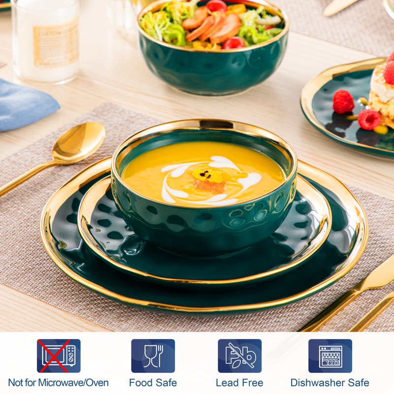 12 Piece Ceramic Dinnerware Set - Service for 4, Black/Green/Gold