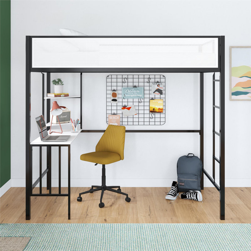 Lit mezzanine simple avec bureau et tablettes Axel, Lit simple
