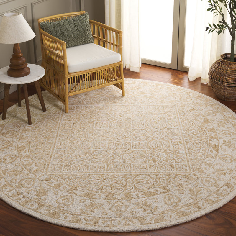 Tapis oriental ivoire / beige en laine / coton touffeté à la main Rashamel, Rond 7 pi