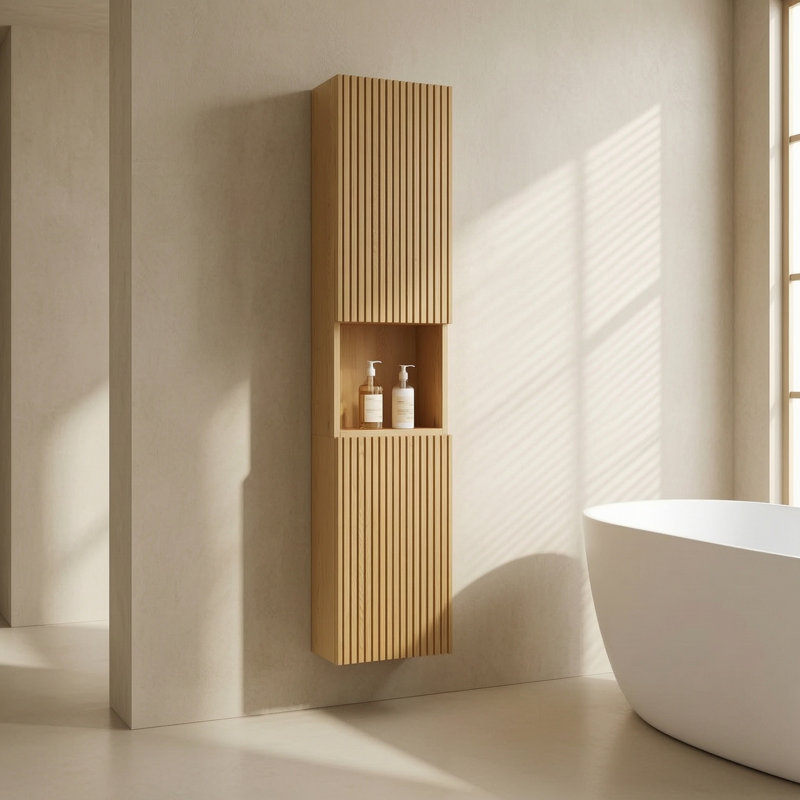 59" Tall Bathroom Wall Mounted Cabinet, Natural