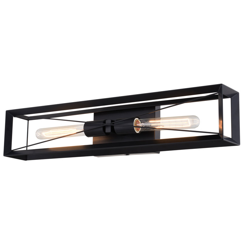 Milton 2-Light 24 In. Wide Matte Black Transitional Flush Wall Sconce With Metal Cage Shade, Dimmable, LED Compatible, Steel Bathroom Vanity Lighting Fixture, Vertical Or Horizontal Mount Bath Bar