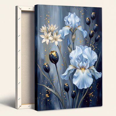 Blue Iris and White Flowers with Gold Flecks on Dark Blue Canvas Wall Art