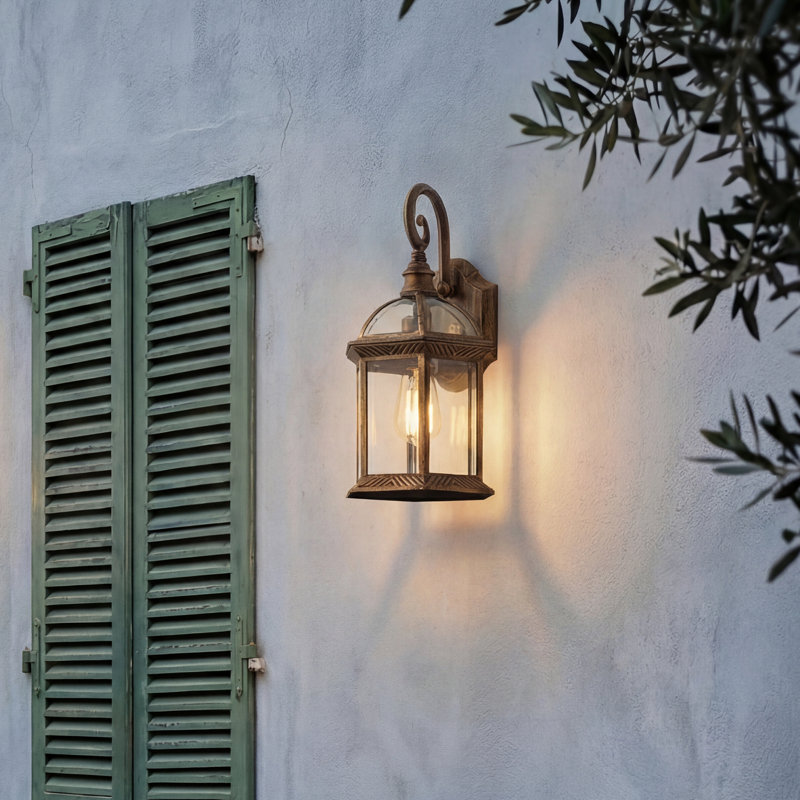 Vintage European Hexagon IP44 Outdoor Wall Light, Gold Antique Brass E27 Sconce, 39.5cm/15.5 Inch
