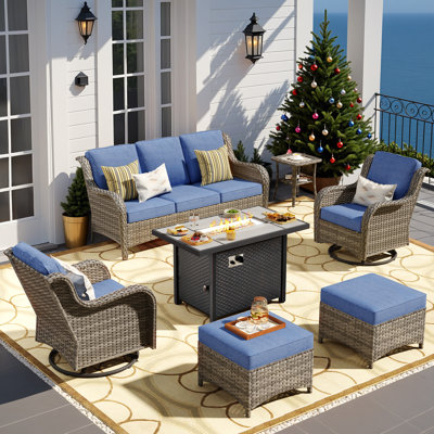 7-piece Outdoor Patio Furniture With Fire Pit,all-weather 7-person Pe Wicker Outdoor Conversation Set, Patio Couch Swivel Rocker Chairs For Backyard,poolside,deck