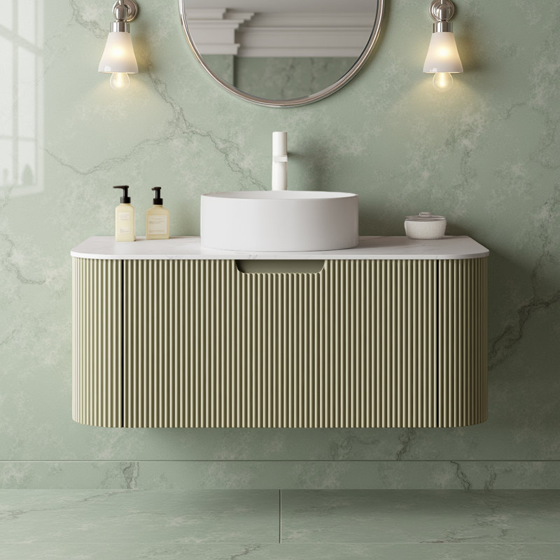 Meuble-lavabo flottant - vasque en céramique blanche, plateau en marbre et armoire à rayures 3D, sans robinet, Vert, 36"