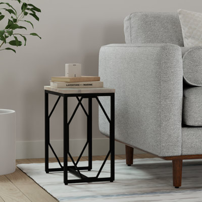 Selma 20"W Solid Mango Wood Contemporary End Table with Open Metal Base and Diamond Detail