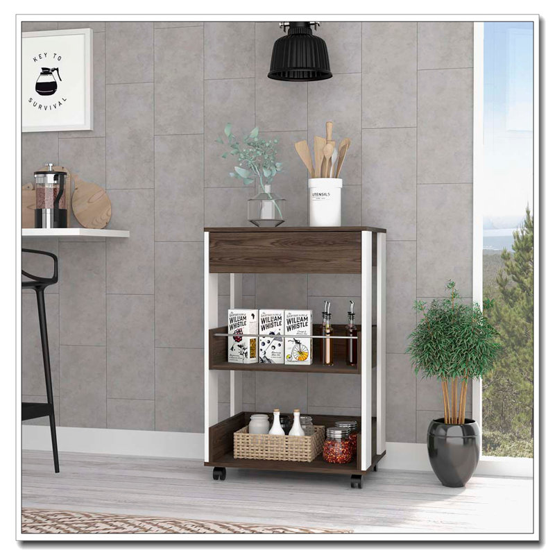 White and Dark Walnut 1-Drawer 2-Shelf Kitchen Cart with Caster