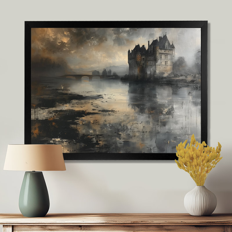 Impression sur toile grise noire et rustique au bord du lac I - Châteaux, Toile encadrée noire simple
