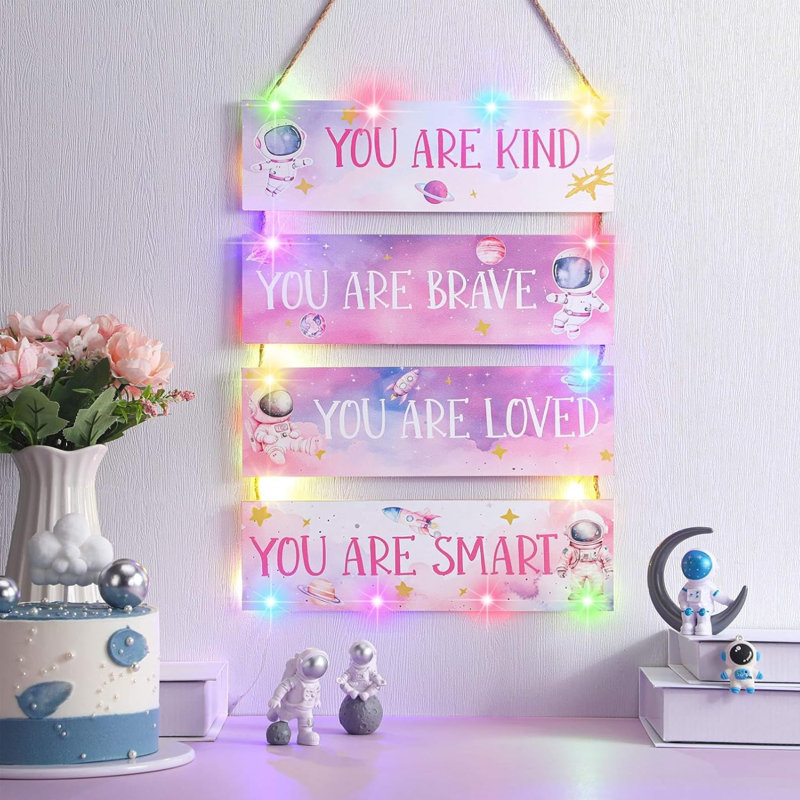 Pink Kids Space Wall Decor With Led Lights 4 Piece