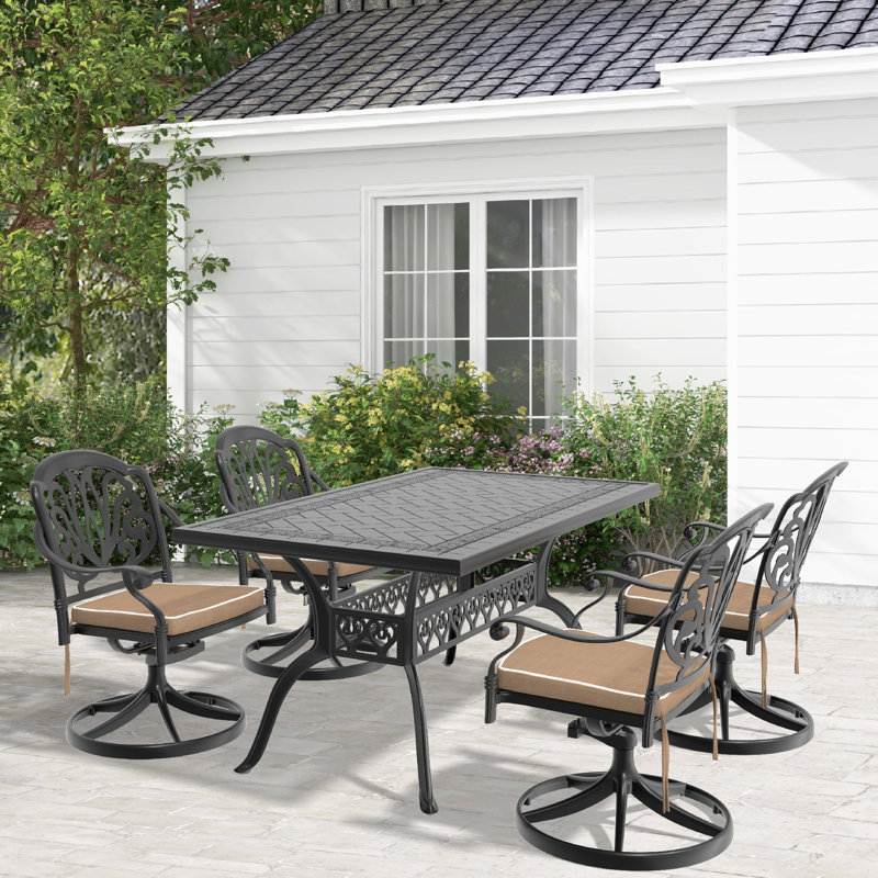Ensemble de salle à manger 5 pièces en aluminium coulé résistant aux intempéries, comprenant 4 chaises pivotantes et une table rectangulaire avec cadre noir