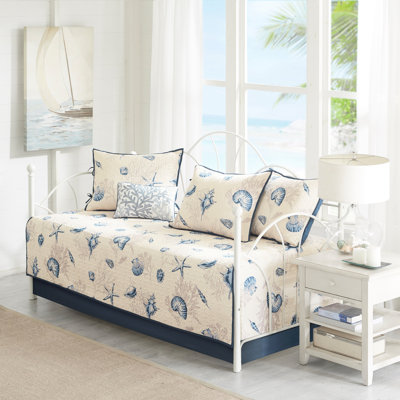 Lit de jour réversible en microfibre bleu, 6 motifs, matelas simple, housse de 17 po, 15 po, 3 taies décoratives, 1 coussin décoratif, décor de chambre de bord de mer, housse lavable à la machine en bleu, imprimé, sensation de literie,