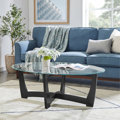 Table basse 48 po ovale en verre, table basse ronde noire avec plateau en verre, petite table basse pour salon, bureau et appartement