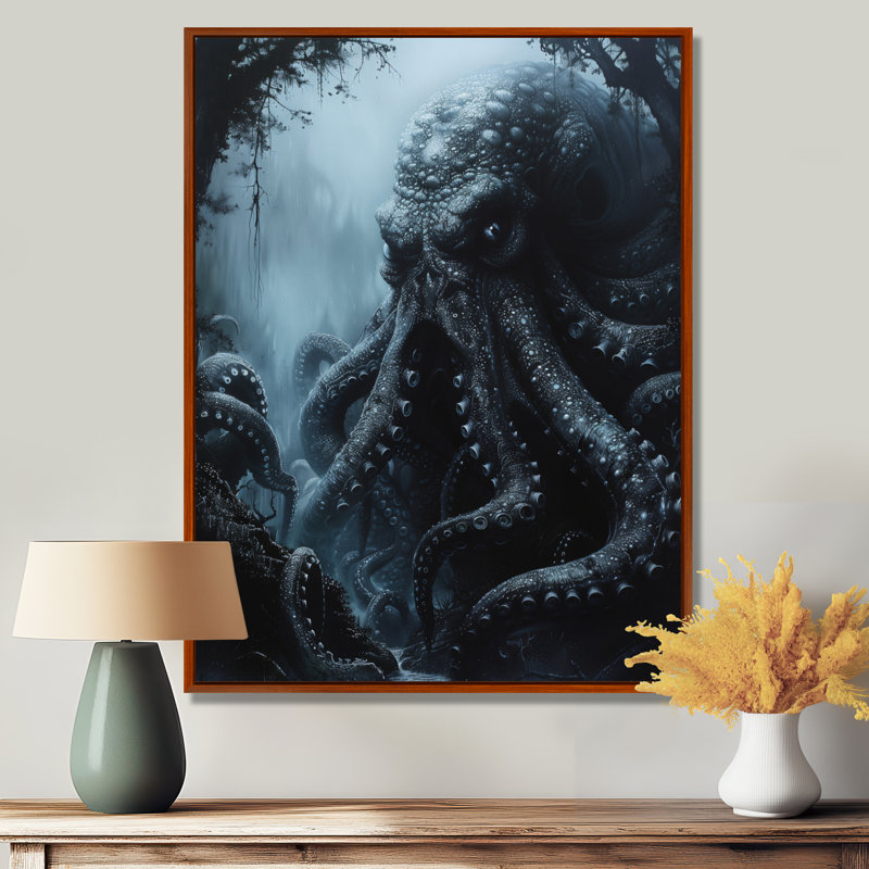 Gris gris noir Kraken Lair Mythical Creature - Mythical Creatures Wall Art Living Room, Toile tendue, H 30 po x l 40 po