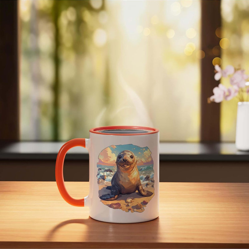 Sea Lion Ceramic Mug, Red/White, 11oz, Orange