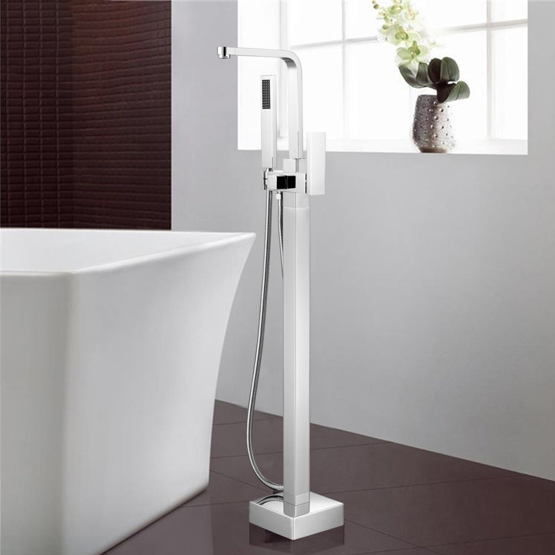 Single Handle Floor Mounted Tub Filler with Handshower, Polished Chrome