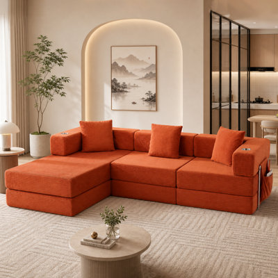 Modular Sectional Sofa, 108" L-Shaped Corduroy Couch with Deep Seat, Boneless Cloud Cushion,Modular Sofa Bed with Fixed-Shape Frame for Living Room No Assembly Required (Orange)