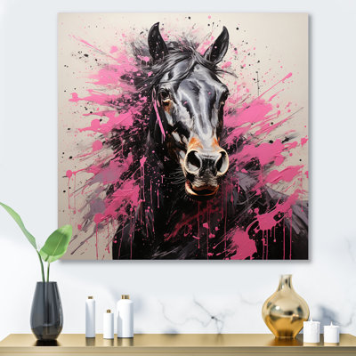 Black Pink Horse Vibrant Equine Pointillism - Animals Print on Metal