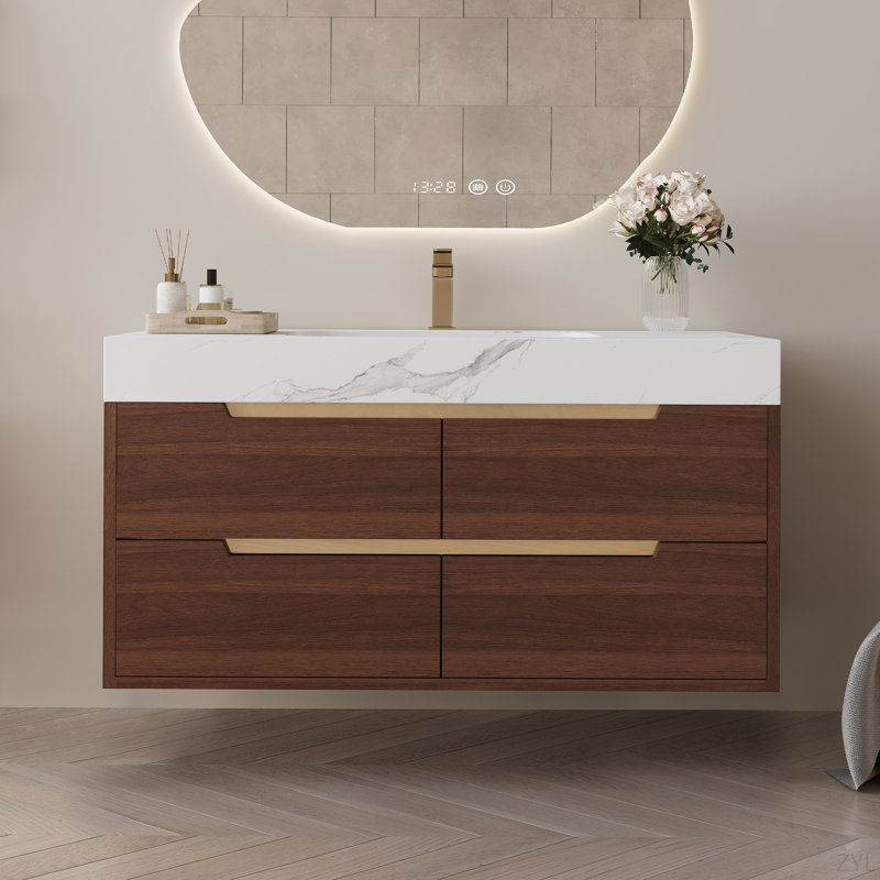 Meuble-lavabo moderne de 35,4 po avec lavabo sous comptoir, plateau en pierre frittée, bois massif multicouche imperméable, rangement à 4 tiroirs, autoportant / mural
