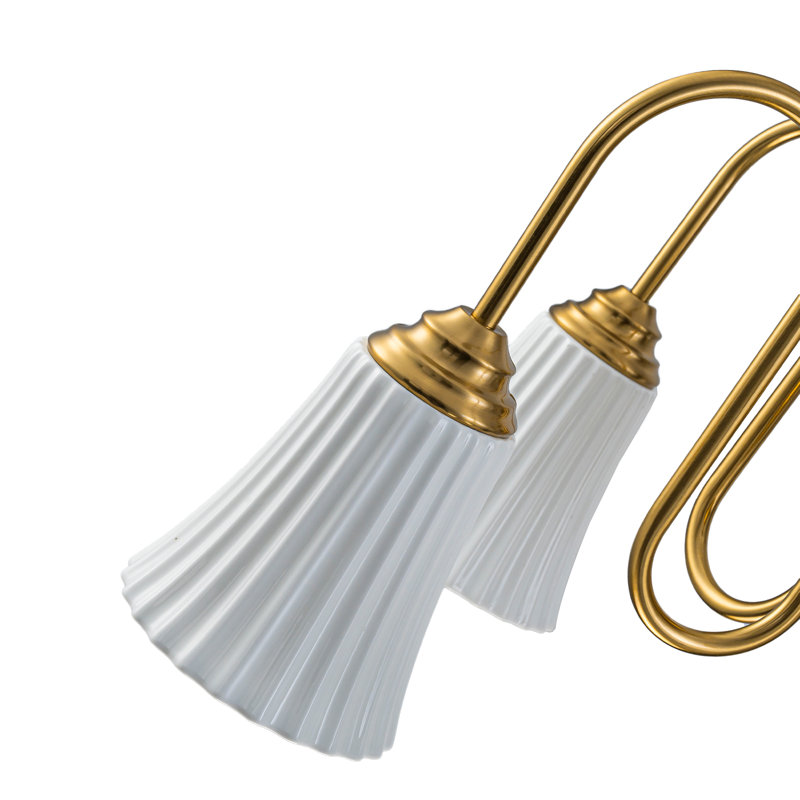 Lustre moderne doré de 25,6 po avec abat-jour en céramique nervurée blanche - Luminaire suspendu en laiton à hauteur réglable à 5 lumières pour salle à manger, salon, entrée, îlot de cuisine