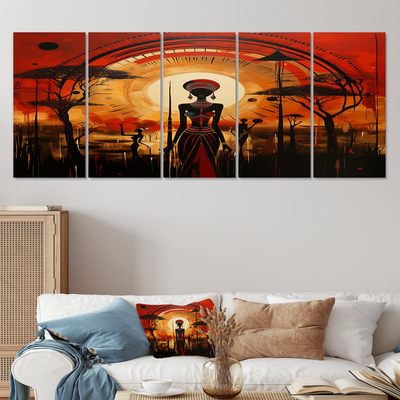«African Silhouettes», art africain, art mural 5 pièces, H 28 po x l 60 po