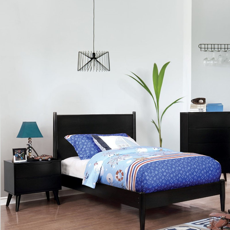 Ensemble de 3 pièces comprenant un lit en bois, 2 tables de chevet et un lit plateforme de style moderne du milieu du siècle.
