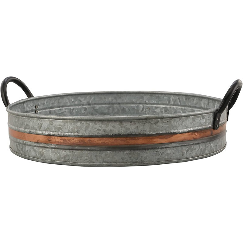 Plateau de service rond en métal avec bande de cuivre et poignées noires, centre de table décoratif de campagne pour table basse ou de salle à manger