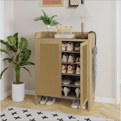 42.5" Tall Rattan Shoe Cabinet with Doors, 6-Tier Shoe Storage Cabinet with Adjustable Shelves, Wooden Freestanding Shoe Organizer Shoe Cabinet for Entryway,Hallway,Living Room