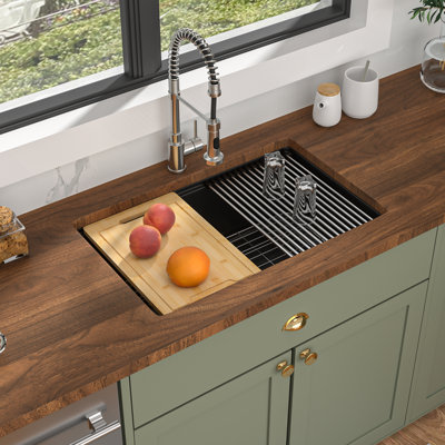 Quartz Granite Composite Kitchen Sink Workstation Undermount Single Bowl Kitchen Sink with Bottom Grid,Cutting Board