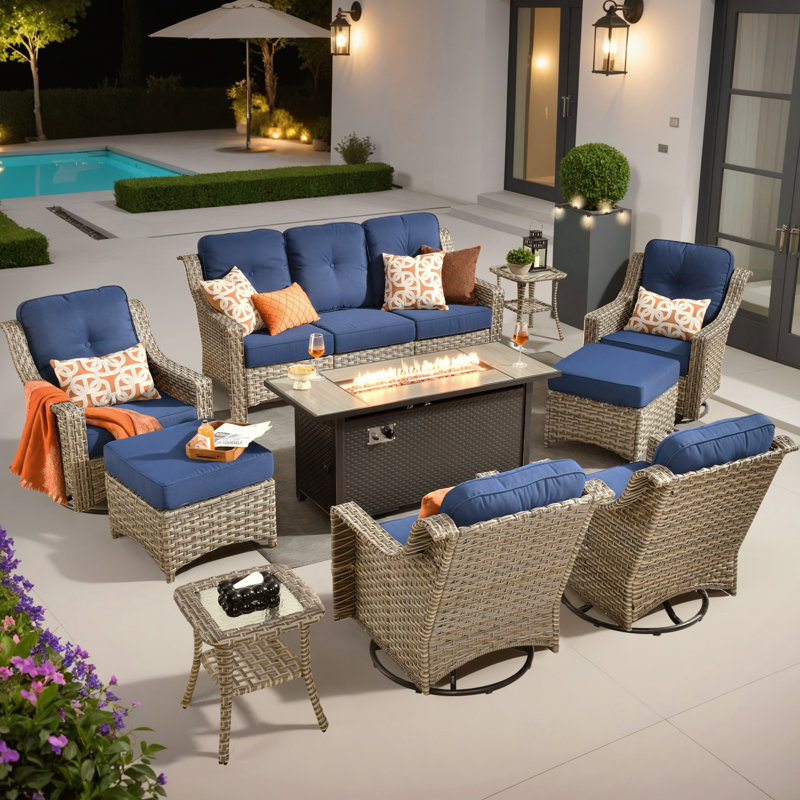 10- Person Rattan Outdoor Seating Group With Swivel Rockers and Fire Pit Table, Navy