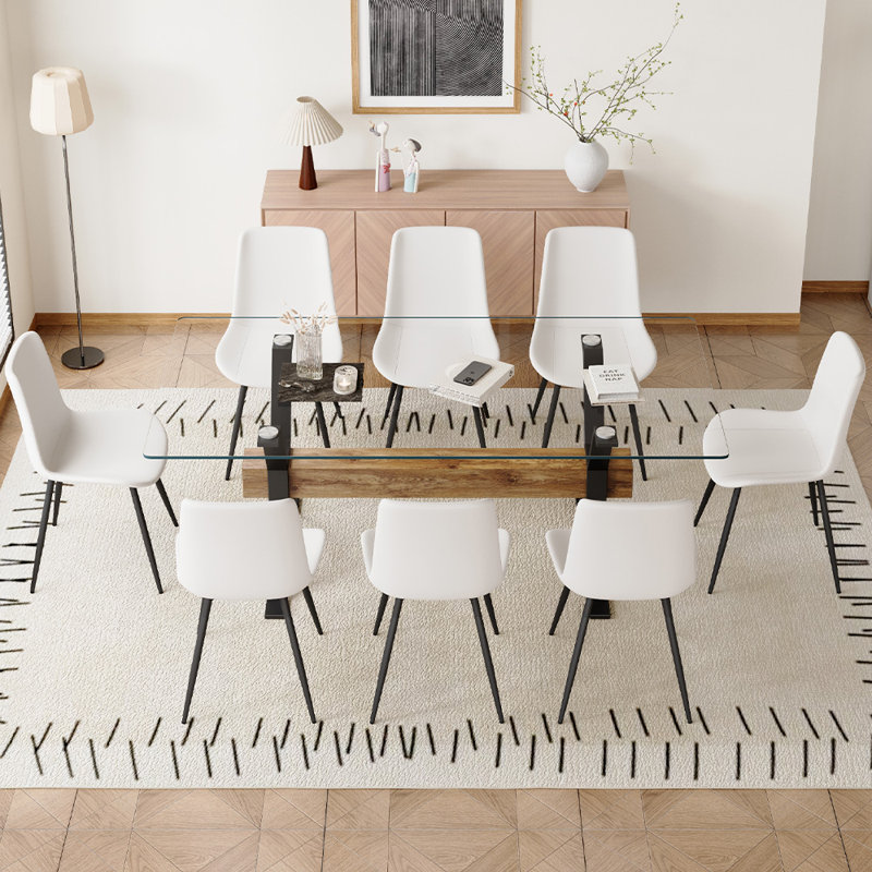 9-Piece Glass Top Dining Table Sets, White/Black